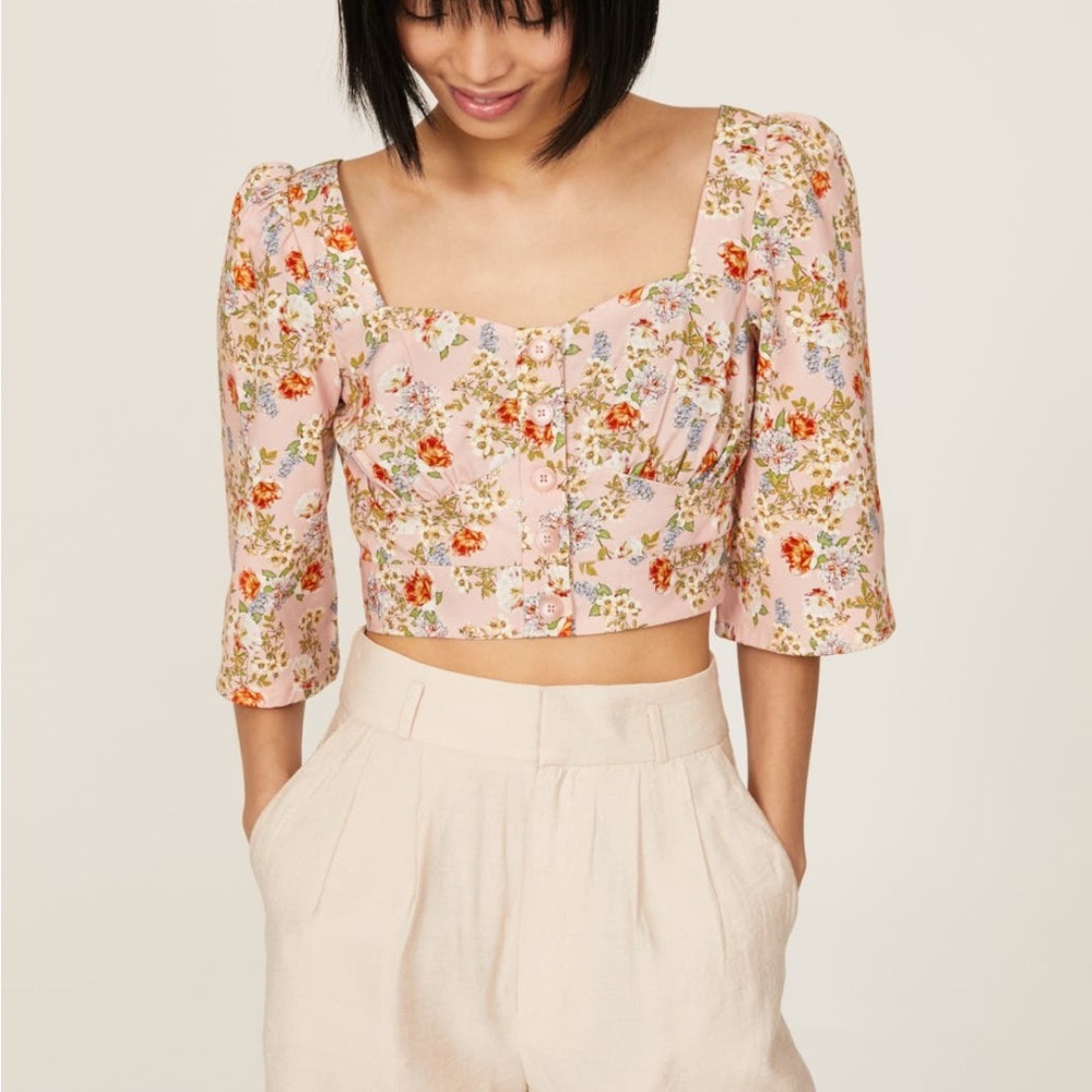 Marissa Webb Pink Floral Blouse with Red and Green Accents